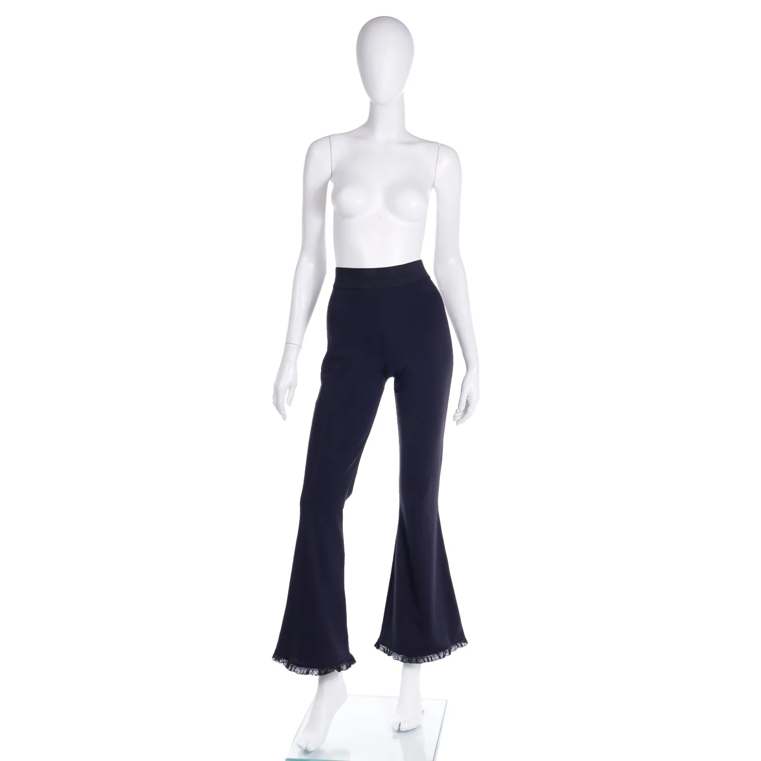 1990s Isaac Mizrahi Black Bellbottom Pants with Flared Ruffled Hems