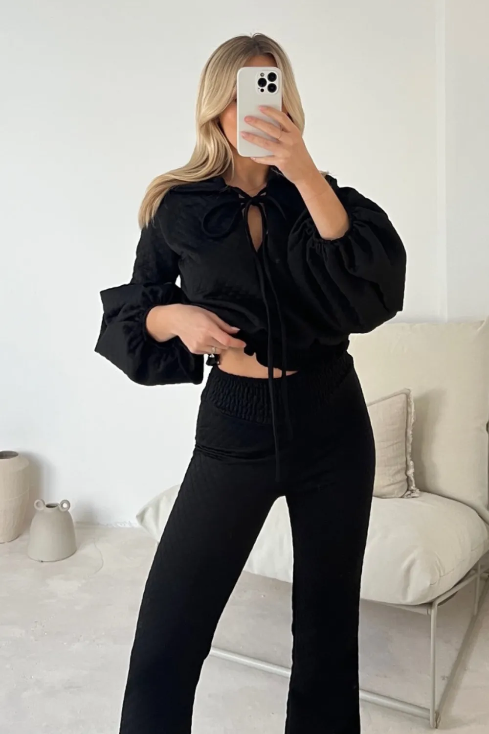 Anastasia black quilted blouse and pants co-ord