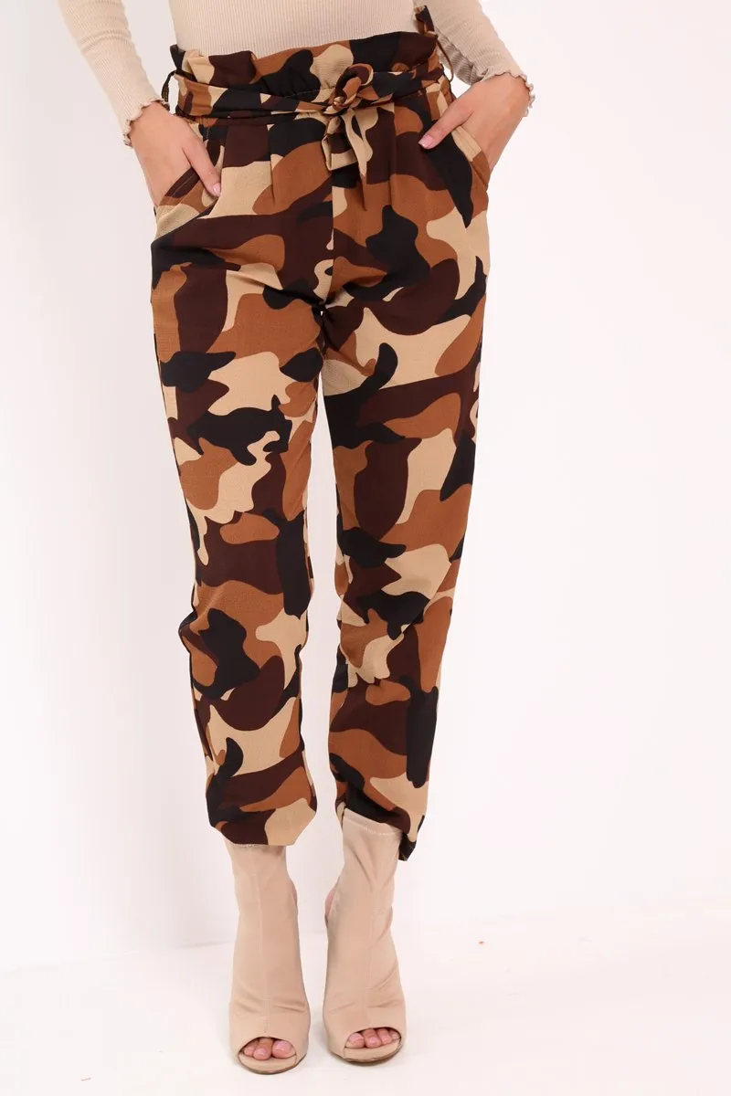 Brown Camo Paper Bag Tie Waist Trousers - Ryana