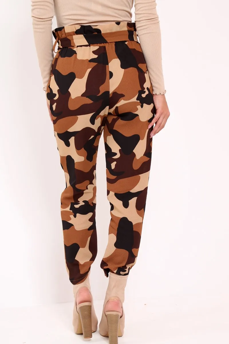 Brown Camo Paper Bag Tie Waist Trousers - Ryana