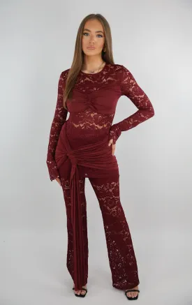 Burgundy Lace Top And Trouser Set