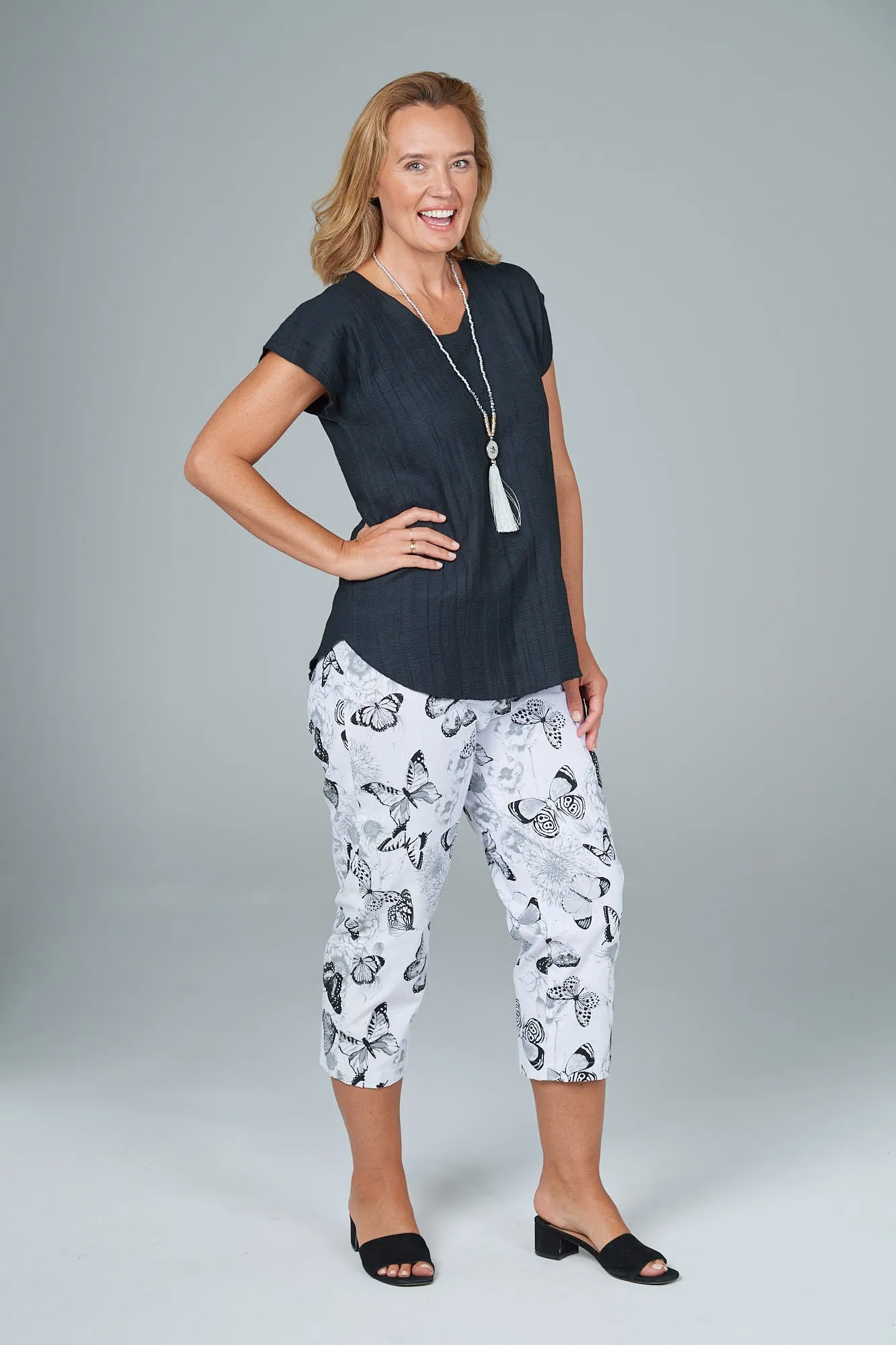 Butterfly Print Cotton Blend Capri Pants