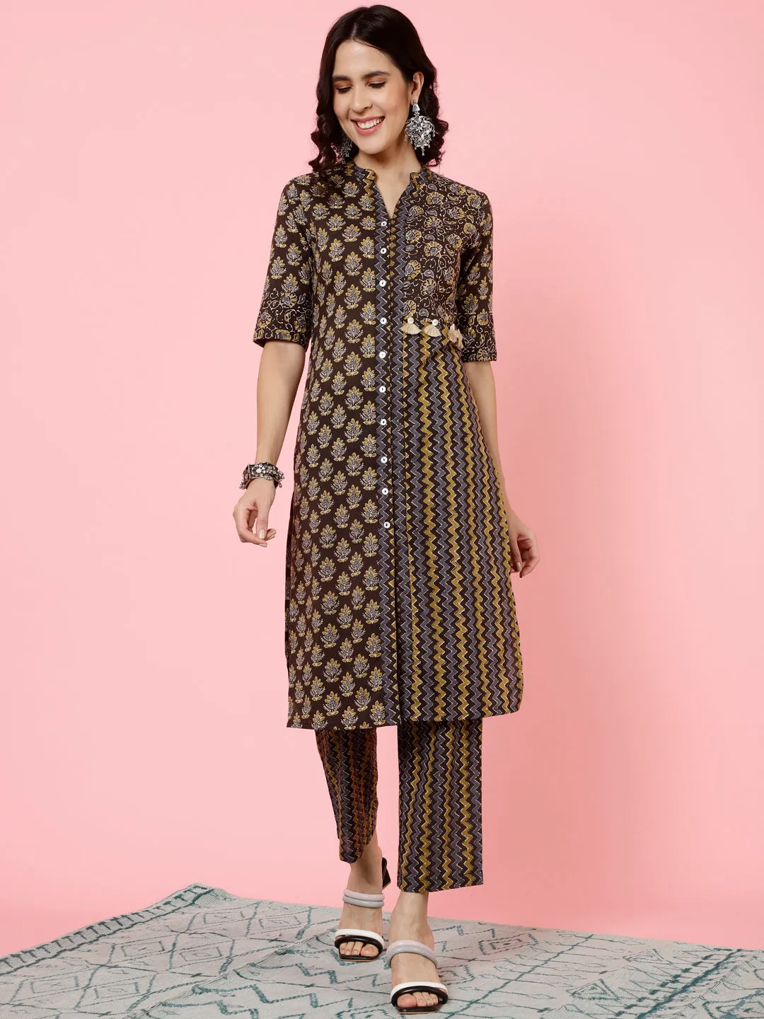 Charcoal Grey Ethnic Printed Straight Kurta With Pants