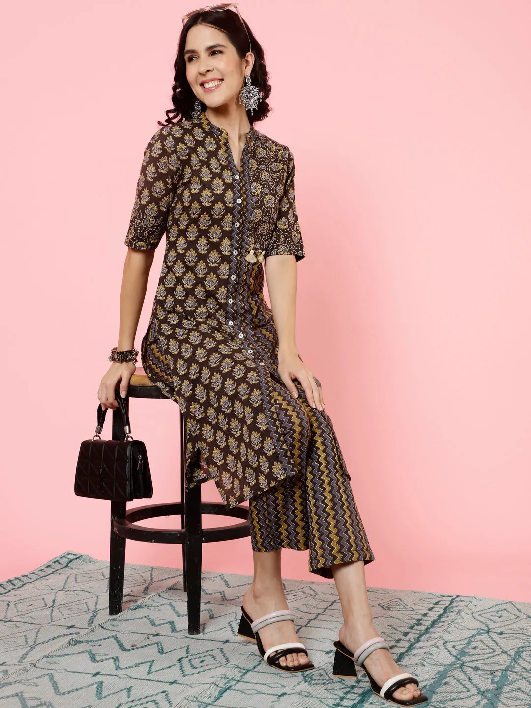 Charcoal Grey Ethnic Printed Straight Kurta With Pants