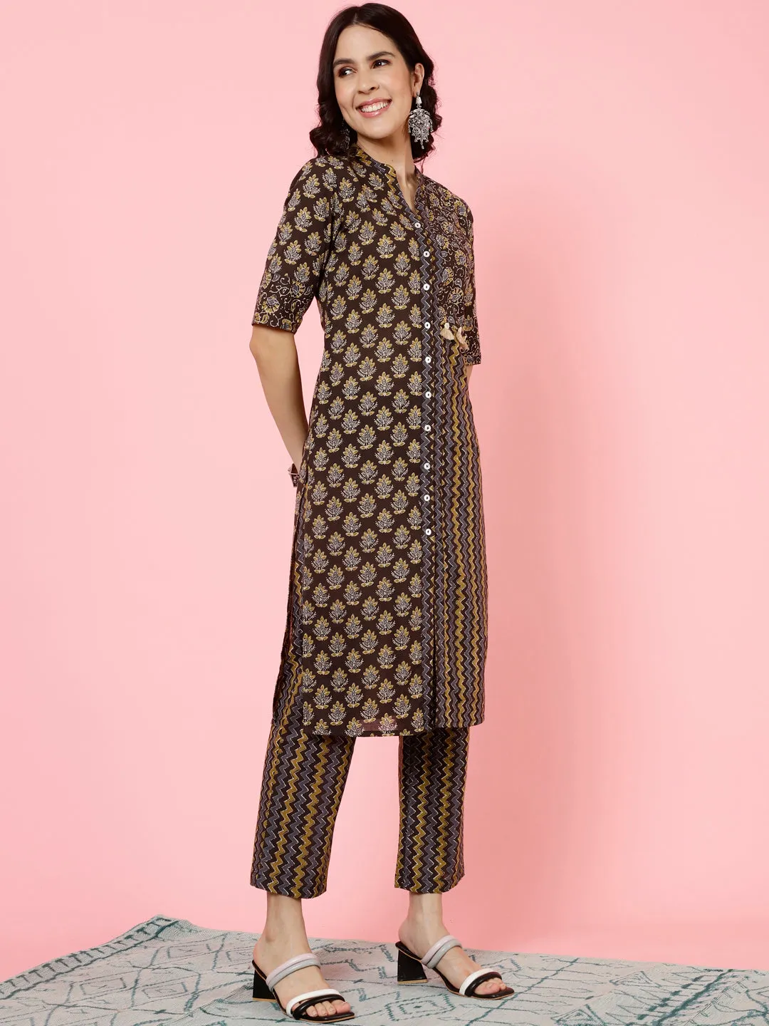 Charcoal Grey Ethnic Printed Straight Kurta With Pants