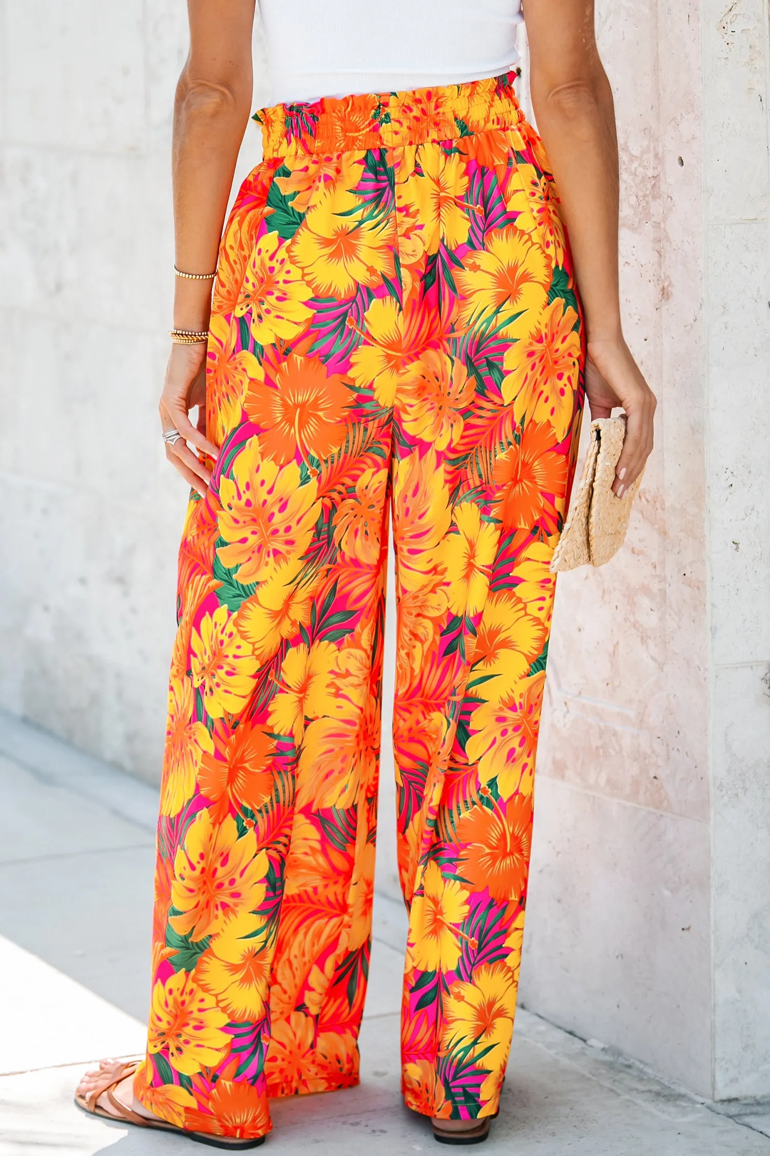 Colorful Tropical Print Smocked Pants