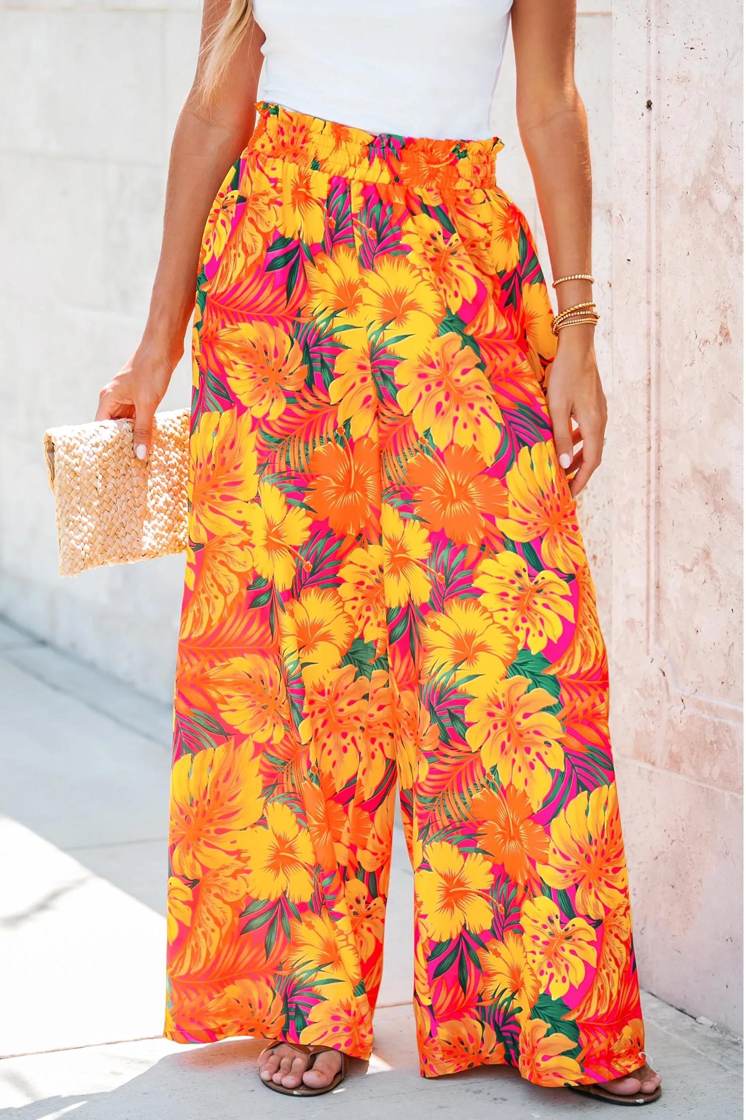 Colorful Tropical Print Smocked Pants