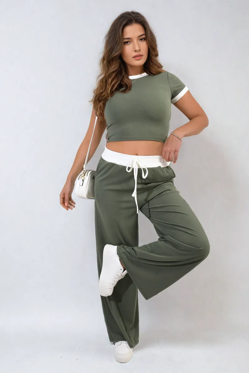 Contrasting Trim Crop Top and Trousers Co-ord Set