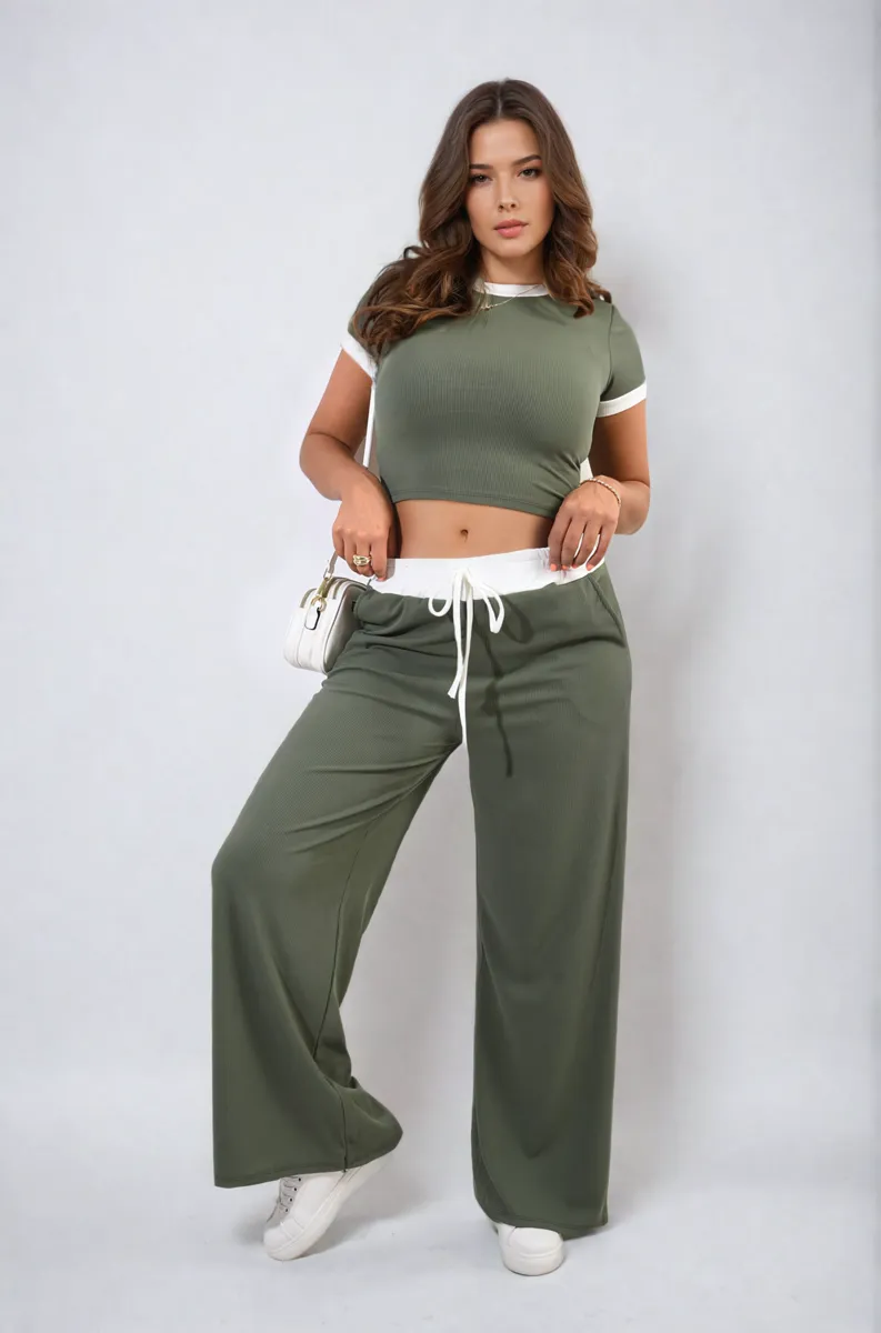 Contrasting Trim Crop Top and Trousers Co-ord Set