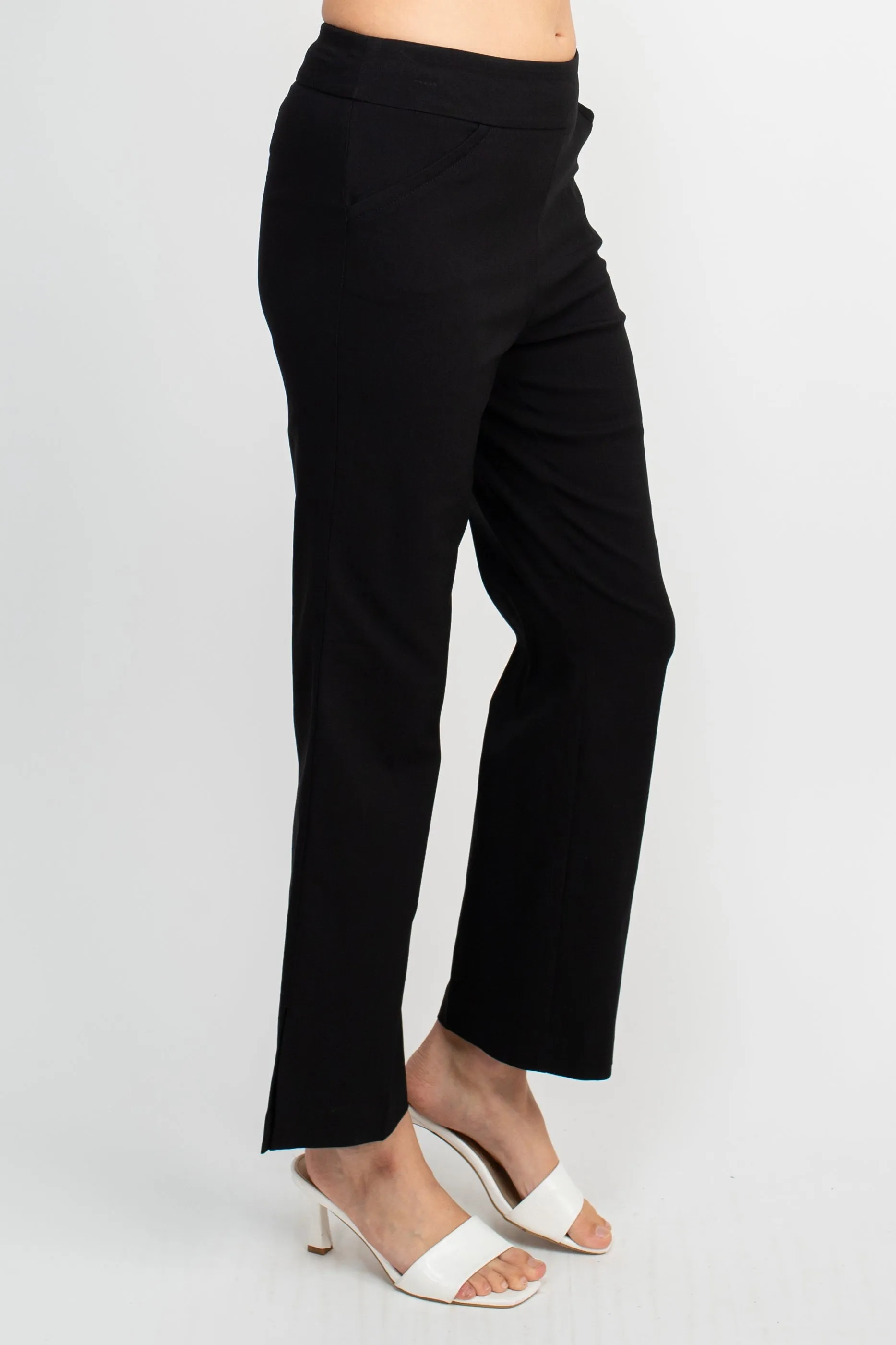 Counterparts Banded Mid Waist Pull On Solid Straight Cut Slit Hem Stretch Rayon Pant with Pockets