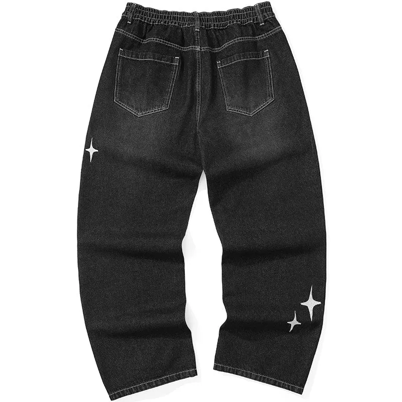 Dark Gray Star Print Mid-Waist Straight Jeans