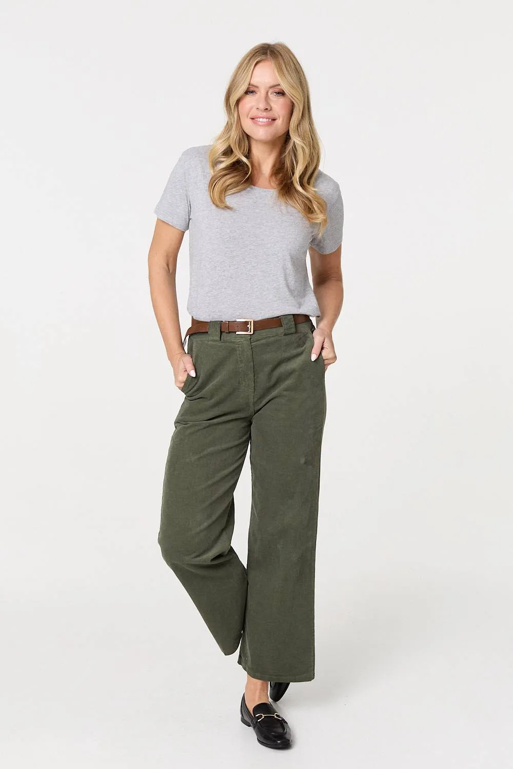 Faux Leather Belt Corduroy Trousers