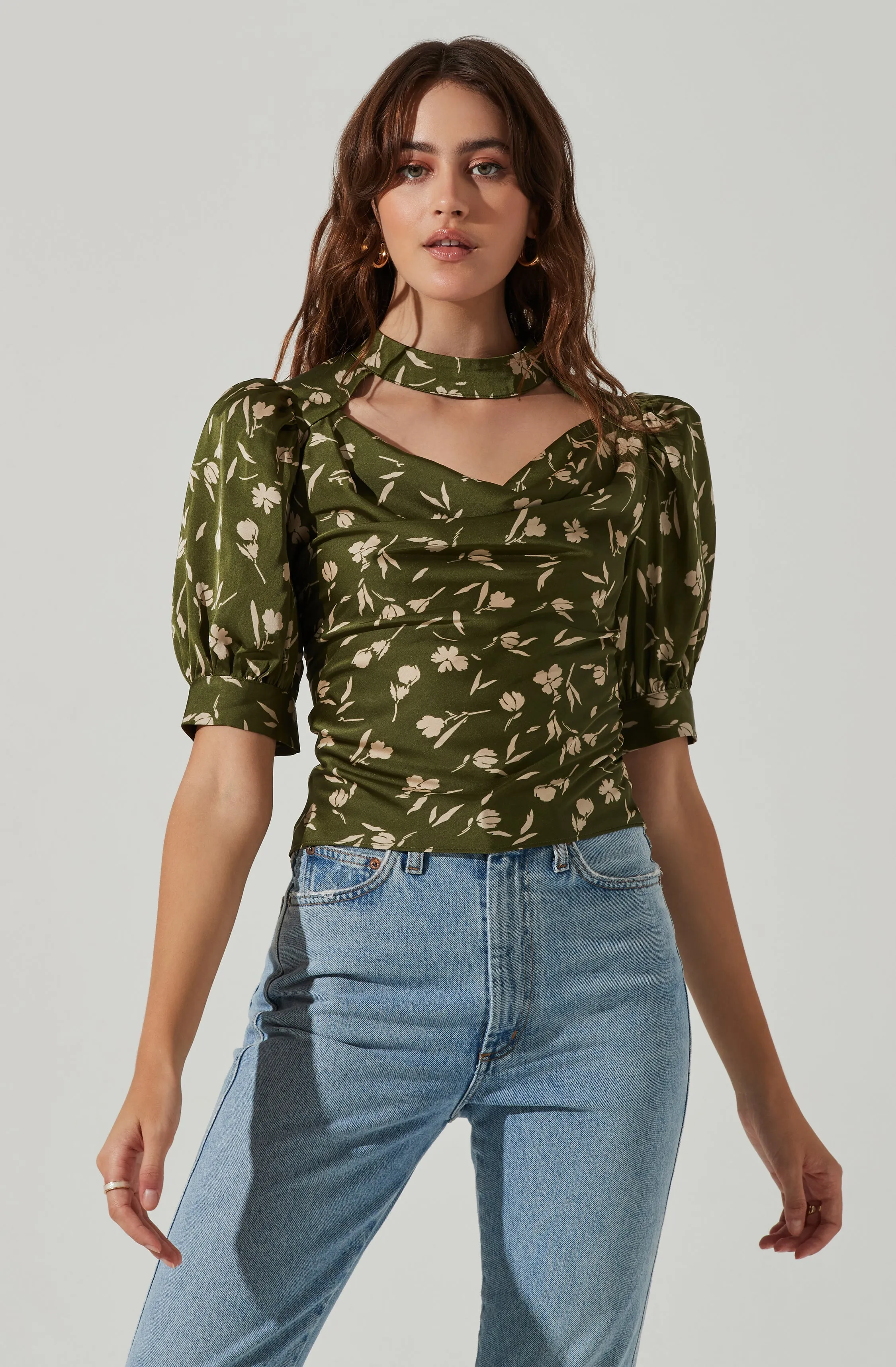 Floral Mock Neck Cowl Drape Top