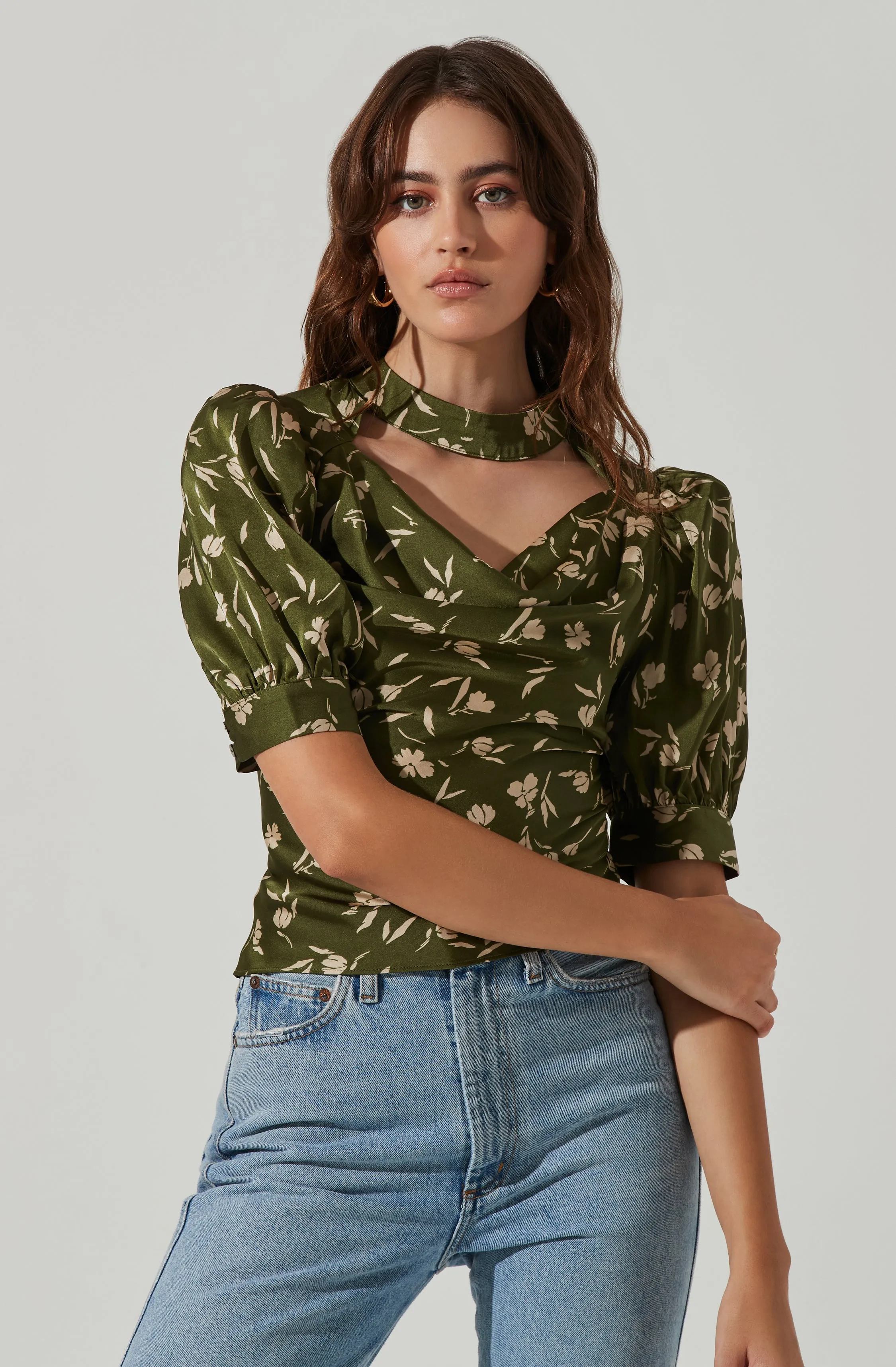 Floral Mock Neck Cowl Drape Top