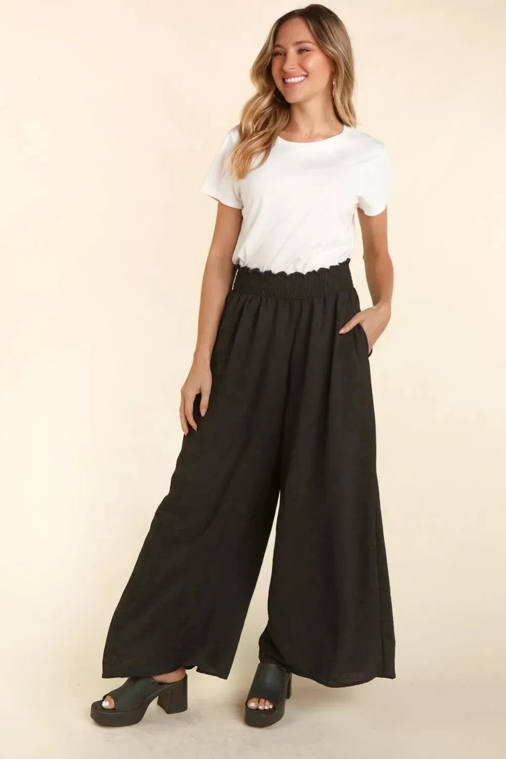 Haptics Elastic Waist Wide Leg Pants with Pockets in Black for Women