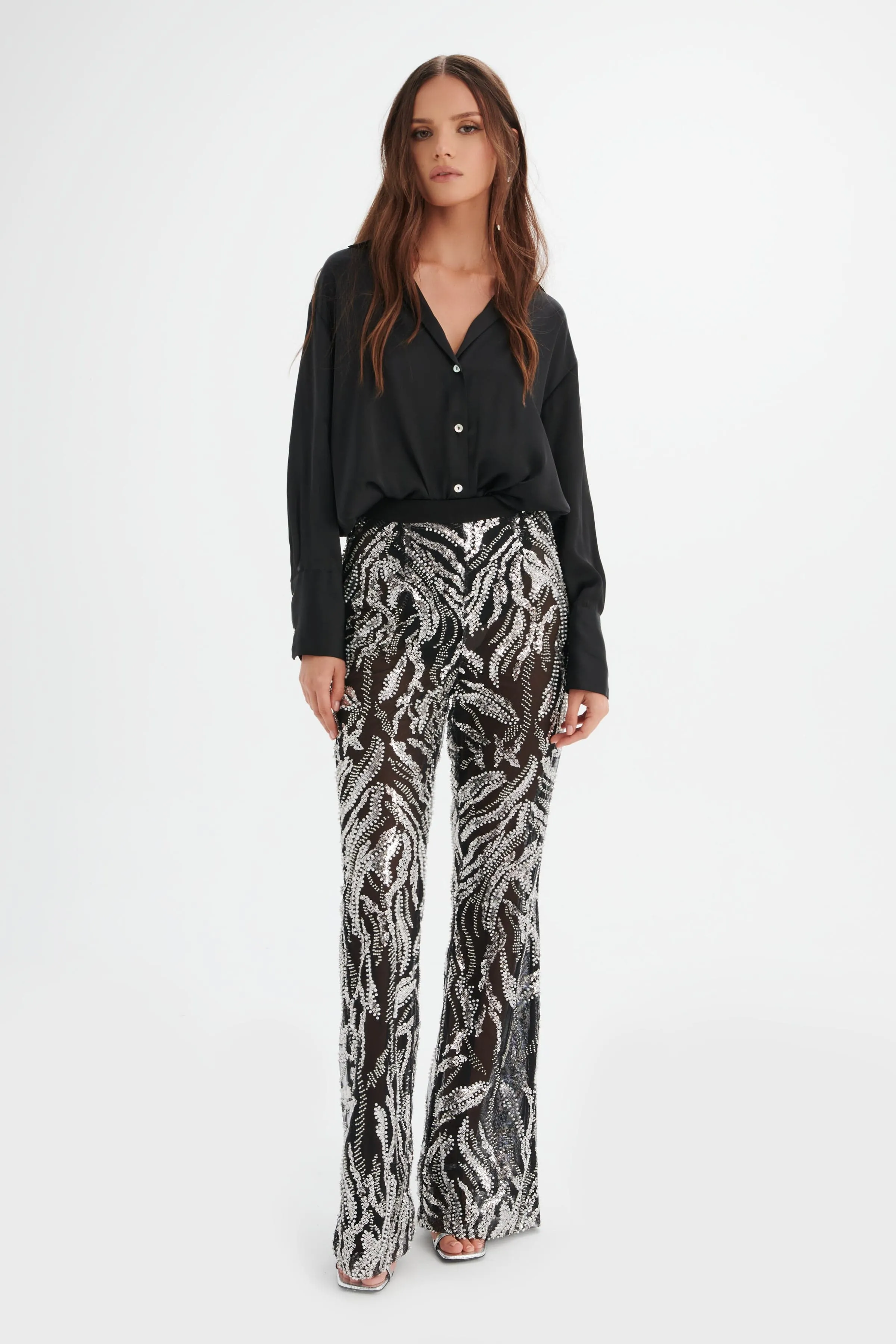 INDIANA Sheer Embellished Fit and Flare Trouser in Black