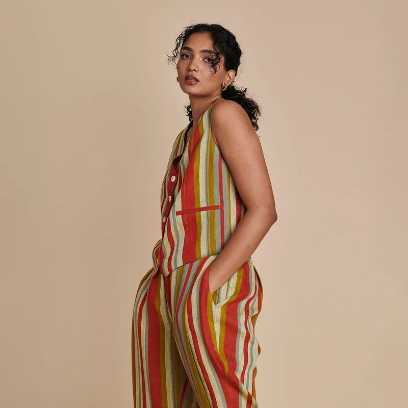 Linen Striped Pants for Women | Multicolour | Side Pleated