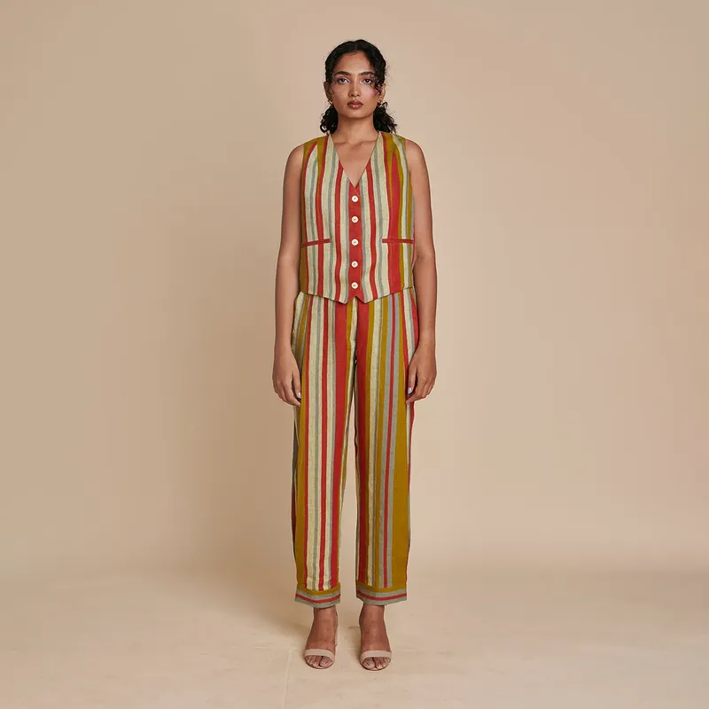 Linen Striped Pants for Women | Multicolour | Side Pleated