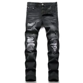 Men's Paisley Bandana Print Patch Jeans^