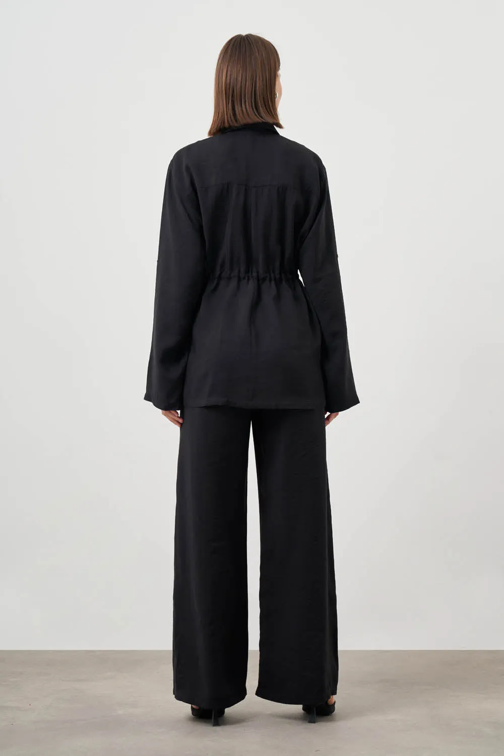 Mizalle-Cinched Waist Shirt Jacket-Black