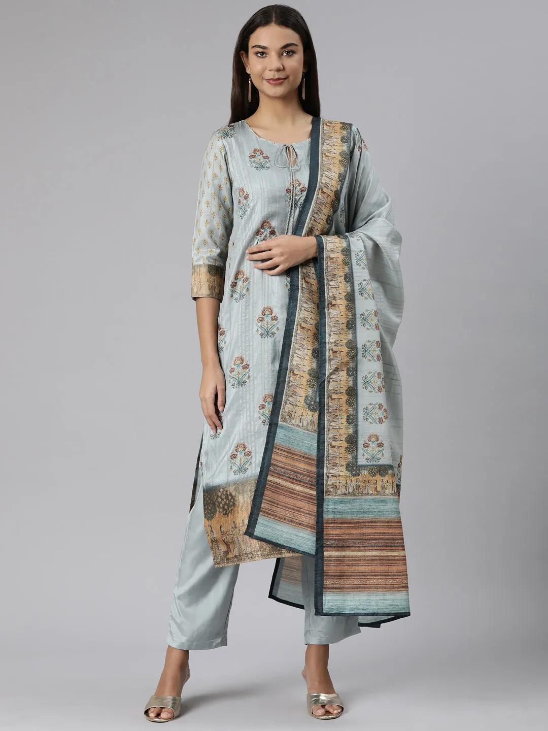 Neeru's Blue Regular Straight Floral Kurta And Trousers With Dupatta