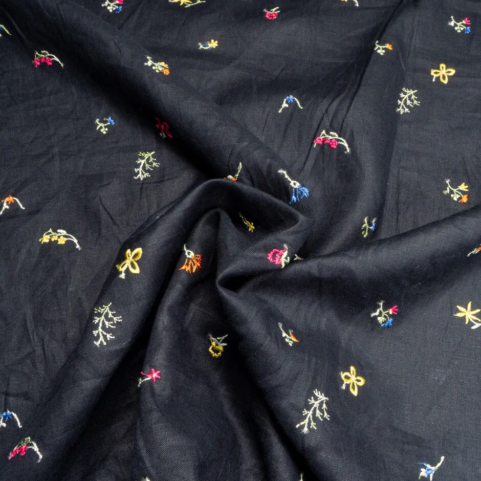 Petite Floral Embroidered Black Linen