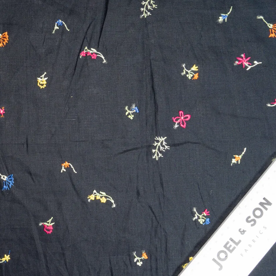 Petite Floral Embroidered Black Linen