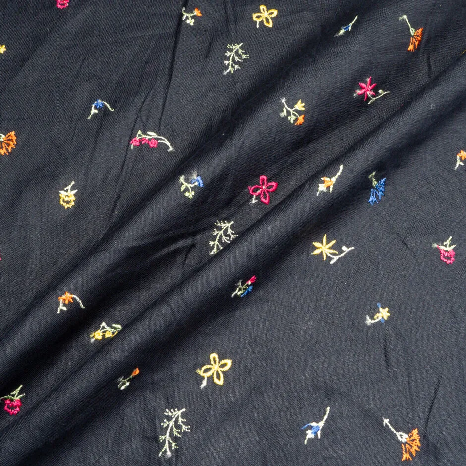 Petite Floral Embroidered Black Linen