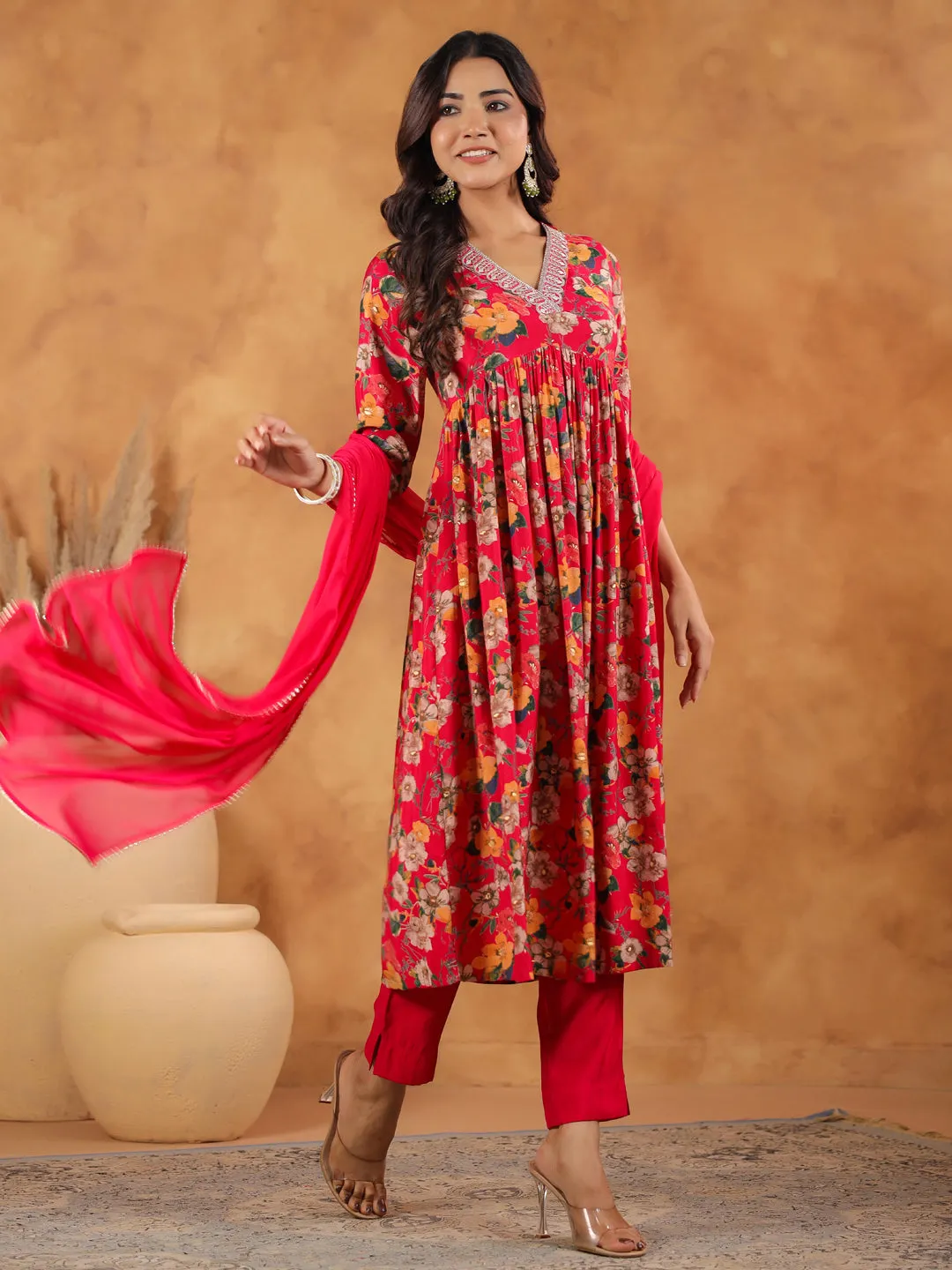 Pink Chanderi Floral Printed A-Line Kurta Set