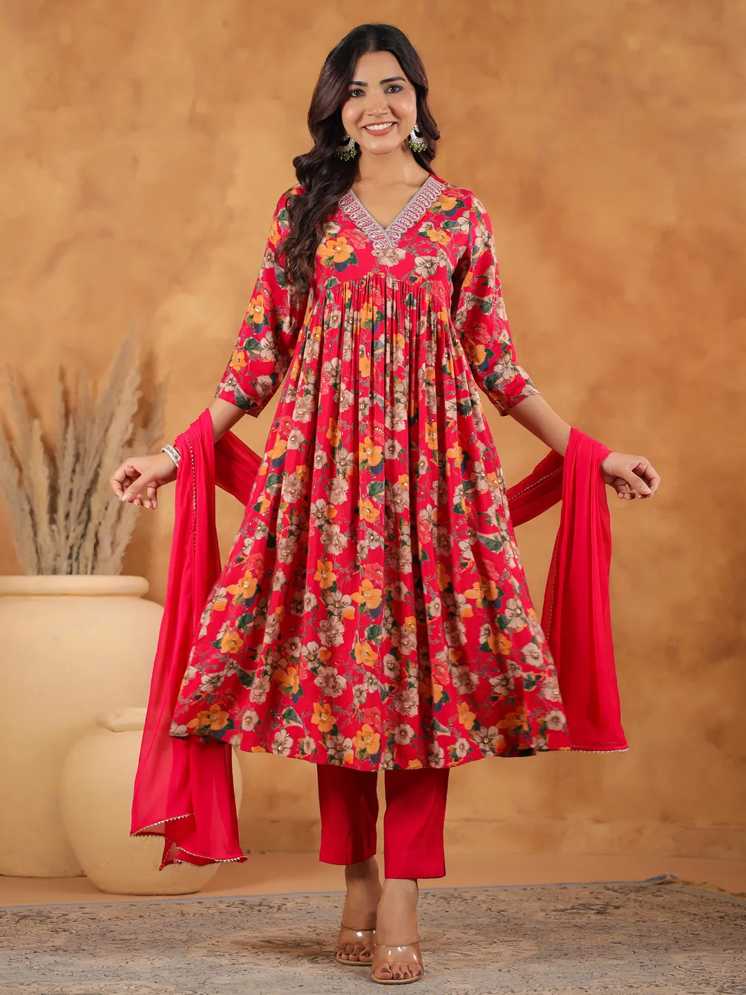 Pink Chanderi Floral Printed A-Line Kurta Set