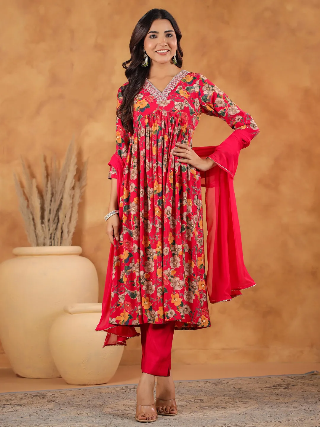 Pink Chanderi Floral Printed A-Line Kurta Set