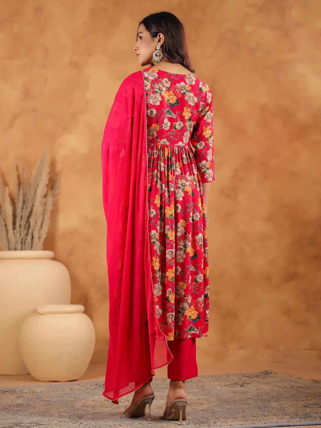 Pink Chanderi Floral Printed A-Line Kurta Set