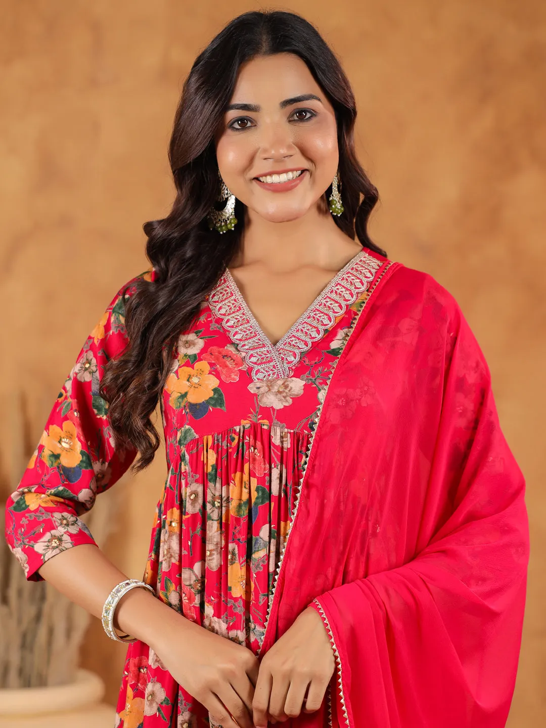 Pink Chanderi Floral Printed A-Line Kurta Set