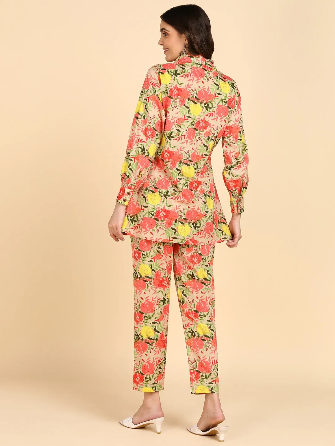 Pure Cotton Floral Print Shirt with Pants Co-ord Set - Peach