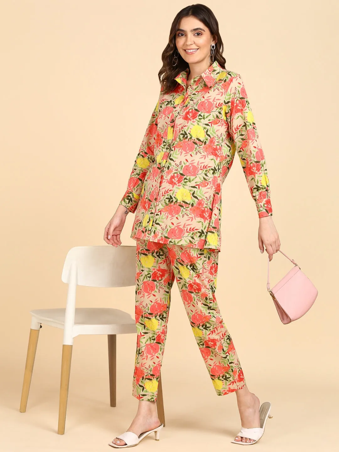 Pure Cotton Floral Print Shirt with Pants Co-ord Set - Peach