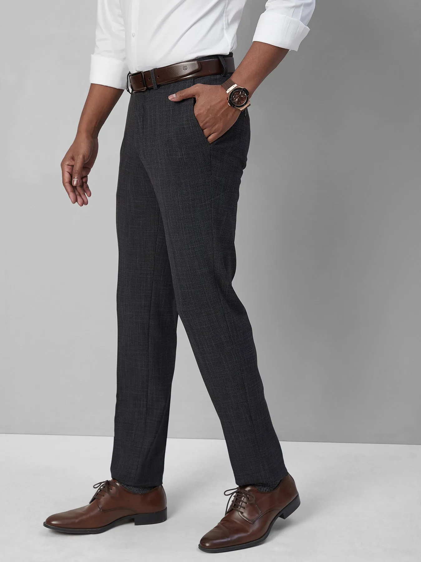 PV Stretch Dark Grey Narrow Flat Front Dobby Formal Mens Trousers