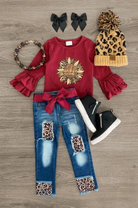 "Thankful" Burgundy Leopard Denim Set