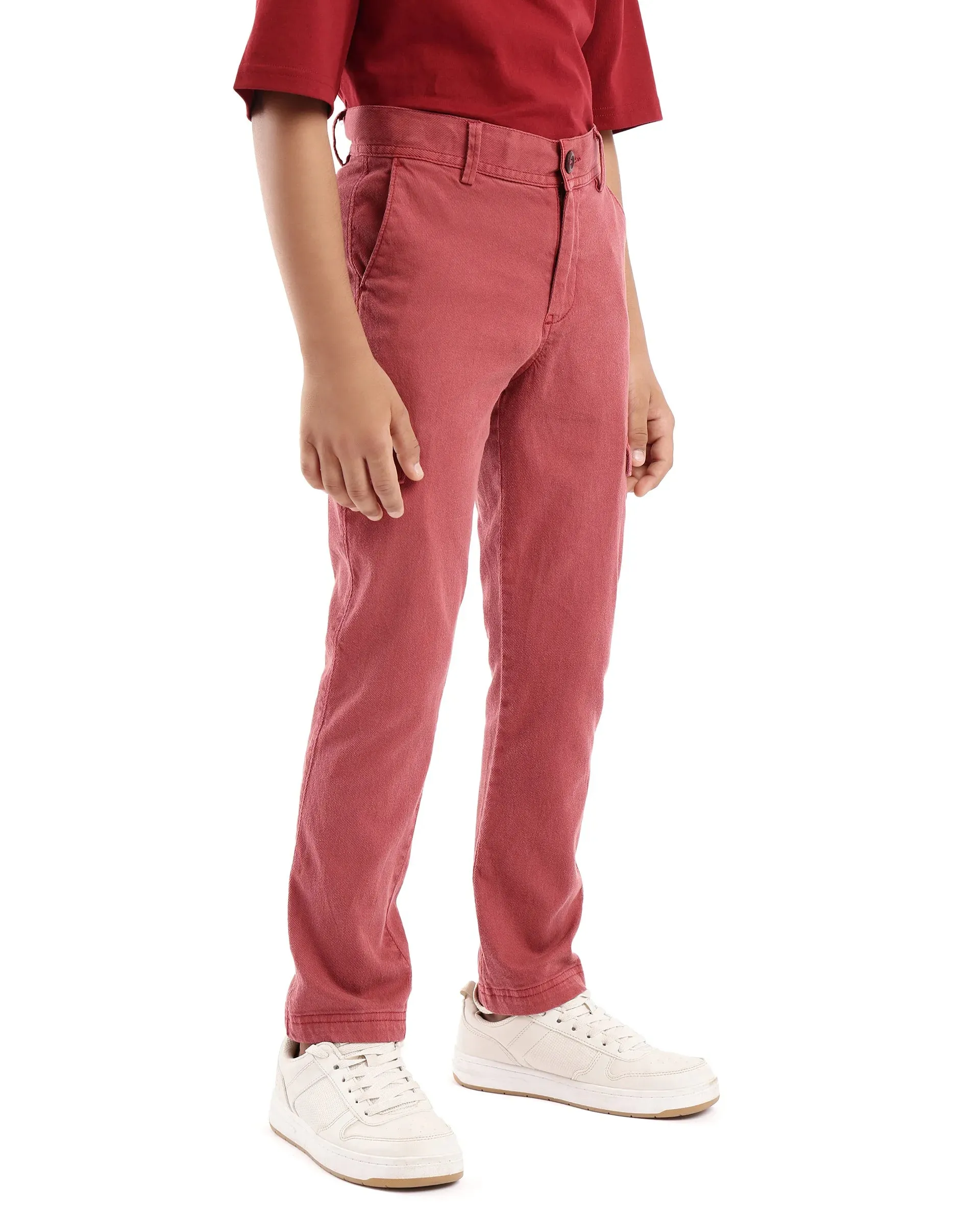 Rare Ones Kids Meir Red Excel Cotton Regular Fit Solid Cargo Trouser