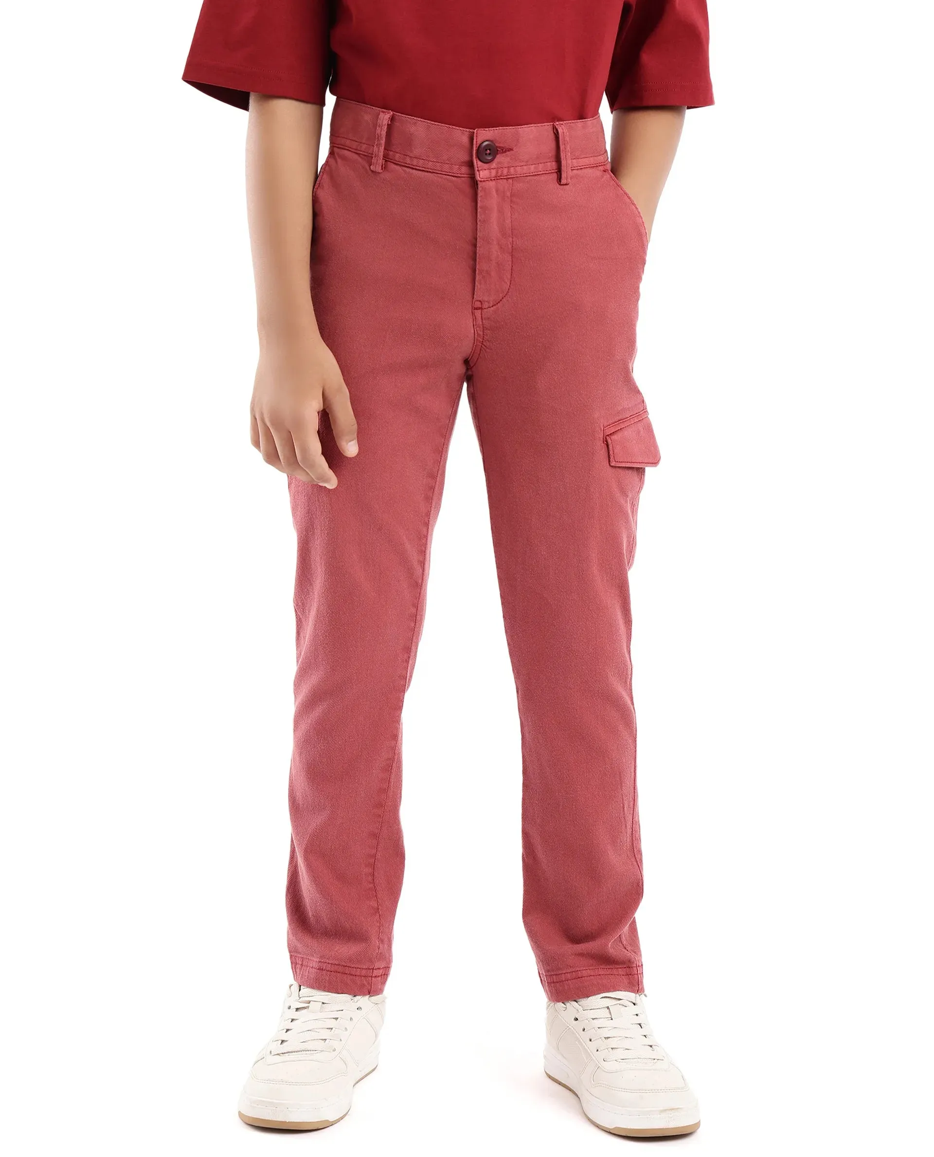 Rare Ones Kids Meir Red Excel Cotton Regular Fit Solid Cargo Trouser