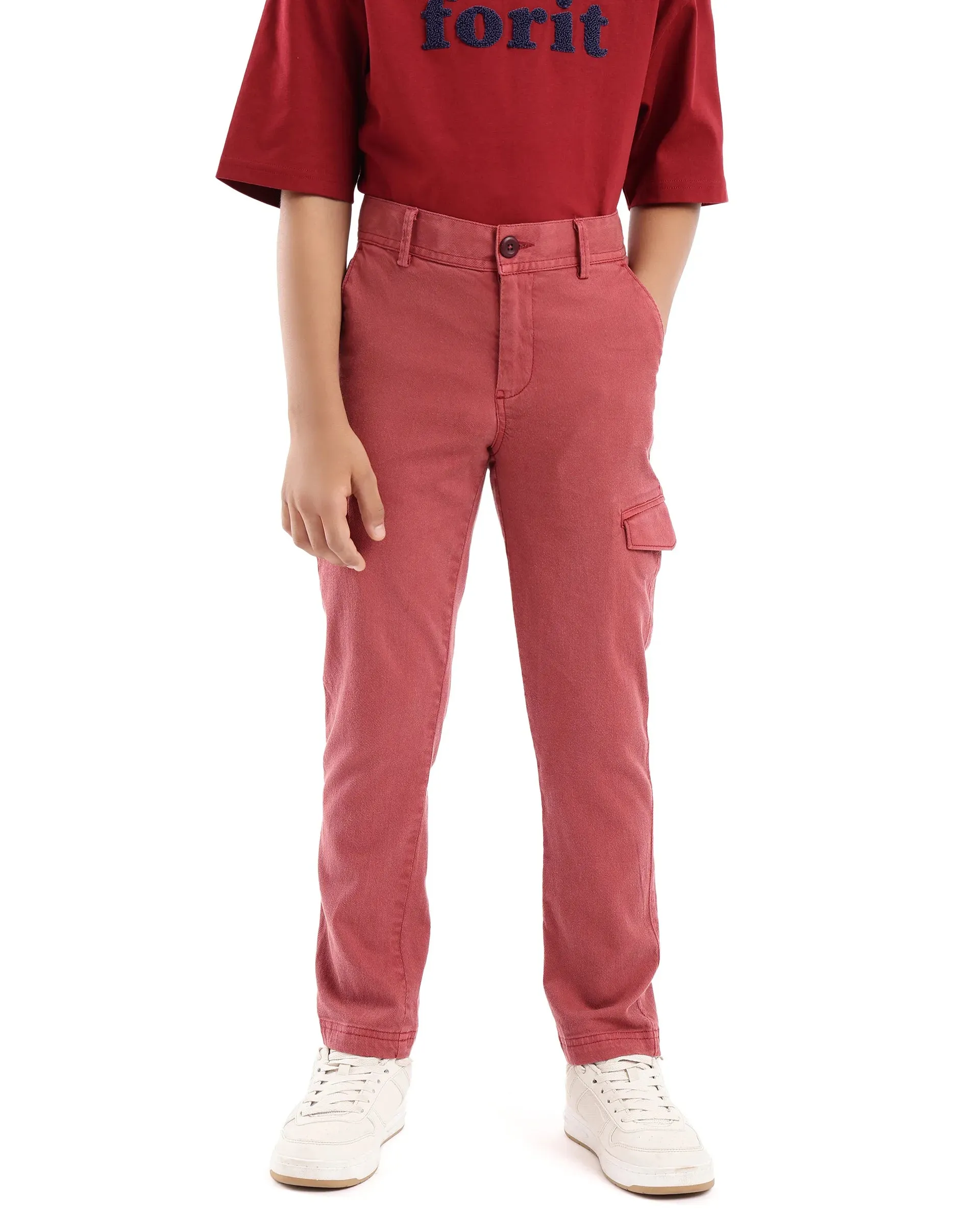 Rare Ones Kids Meir Red Excel Cotton Regular Fit Solid Cargo Trouser