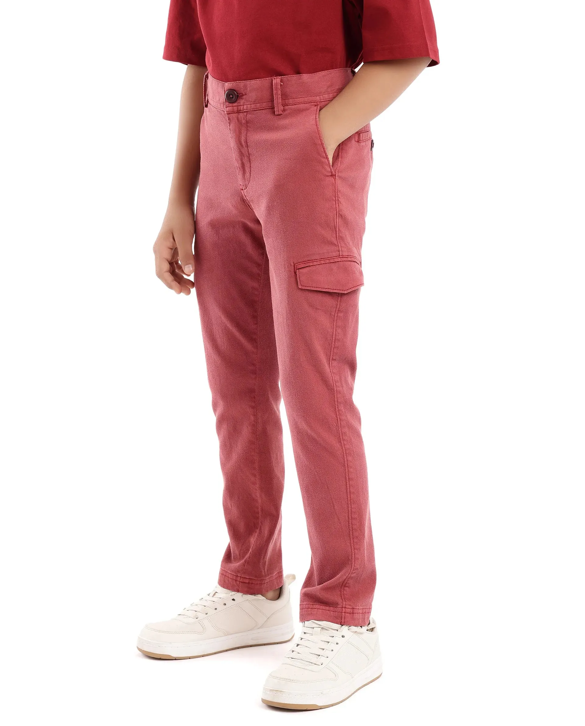 Rare Ones Kids Meir Red Excel Cotton Regular Fit Solid Cargo Trouser