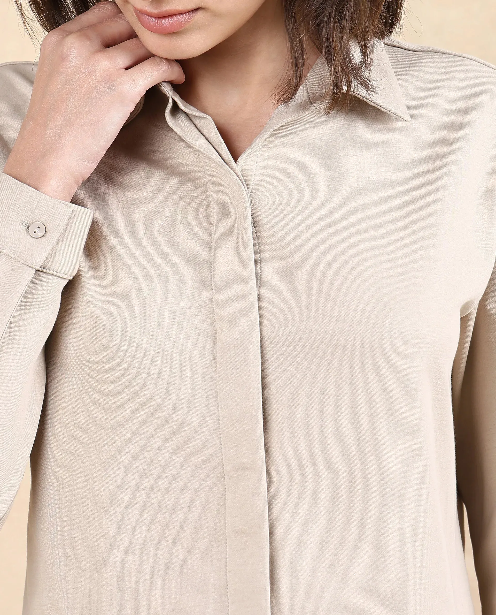 Rareism Women Ellery Beige Cotton Blend Fabric Full Sleeve Collared Neck Button Closure Plain Shirt