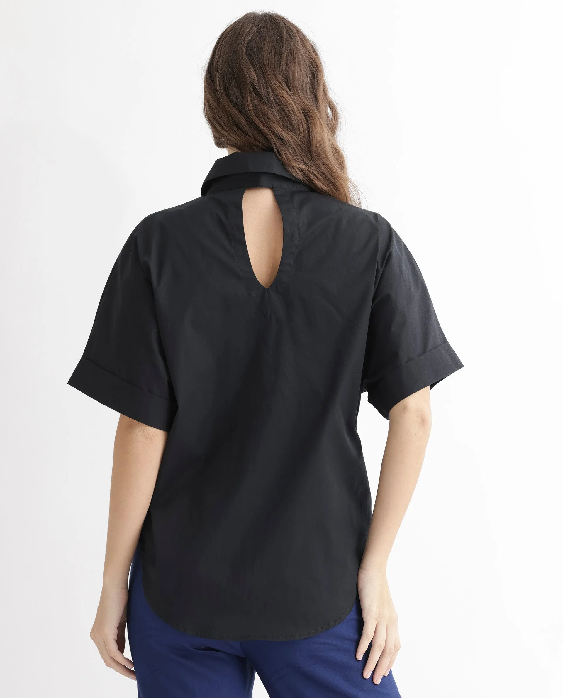 Rareism Women Shozo Black Cotton Lycra Fabric Short Sleeves Button Closure Shirt Collar Extended Sleeve Regular Fit Plain Top