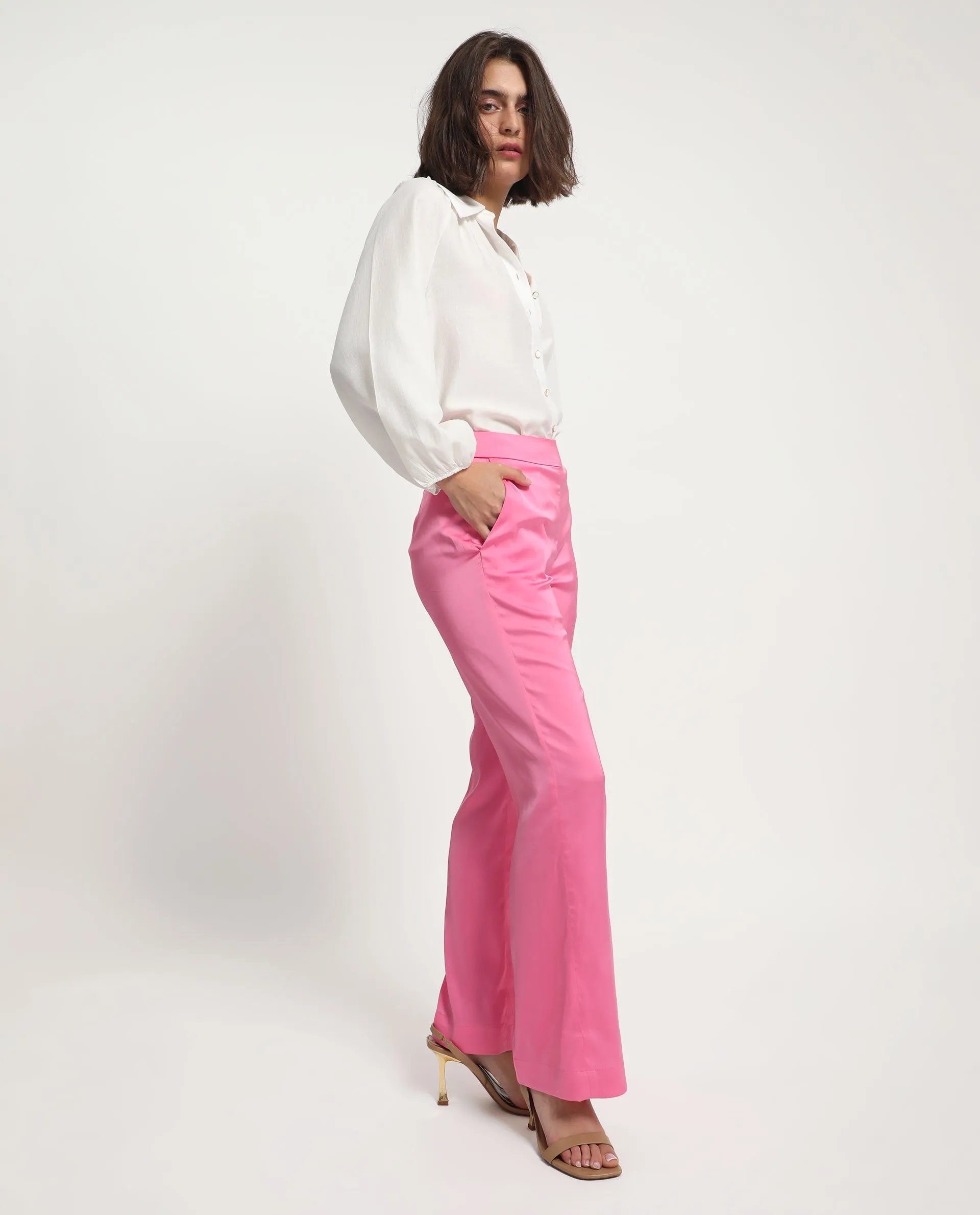 Rareism Women Ucher Pink Polyester Fabric Zip Closure Relaxed Fit Plain Ankle Length Trousers