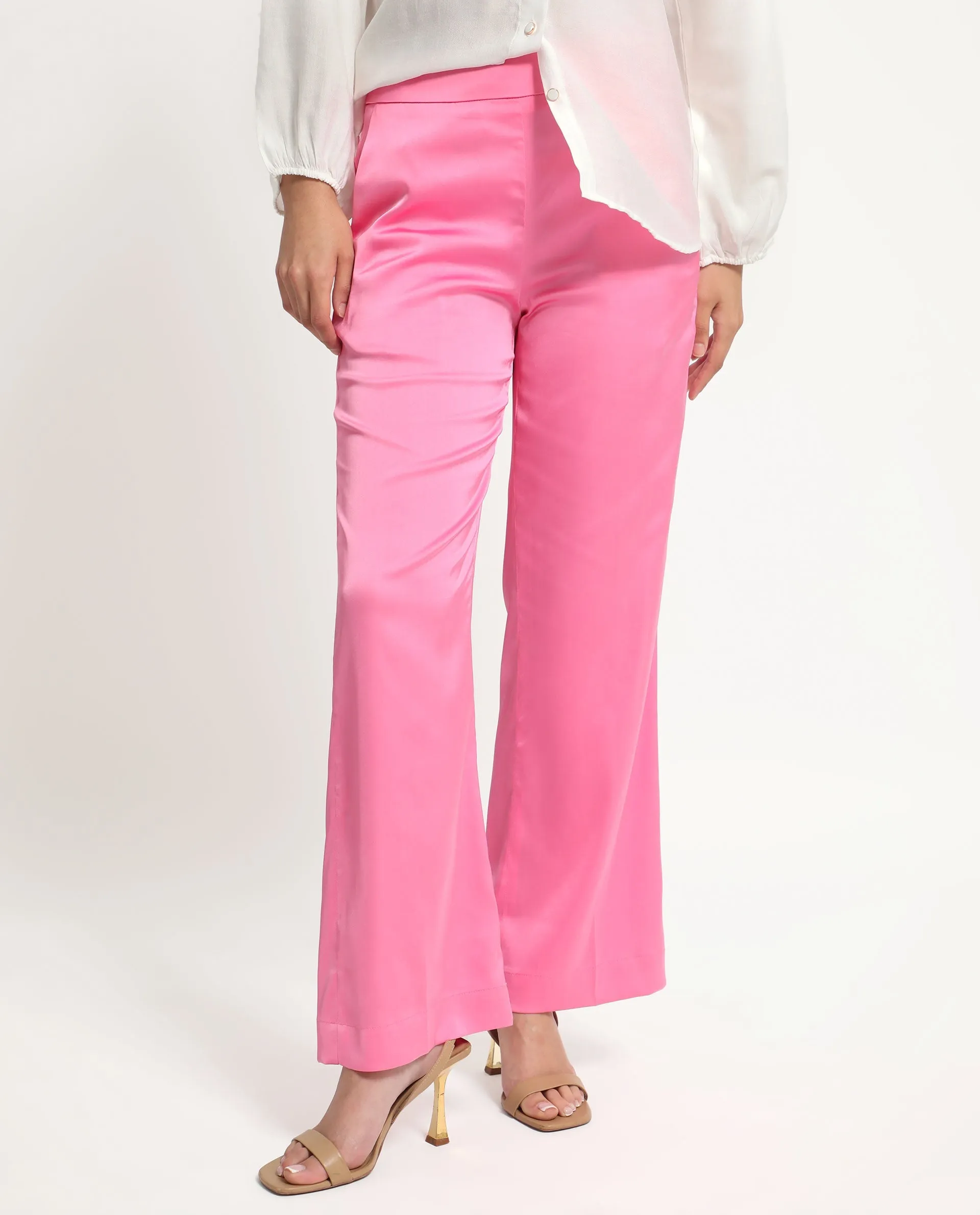 Rareism Women Ucher Pink Polyester Fabric Zip Closure Relaxed Fit Plain Ankle Length Trousers