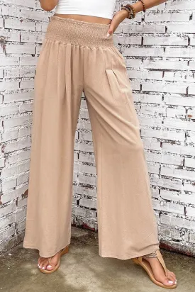 Smocked High Waist Wide Leg Pants with Flattering Waistband & Leg-elongating Design