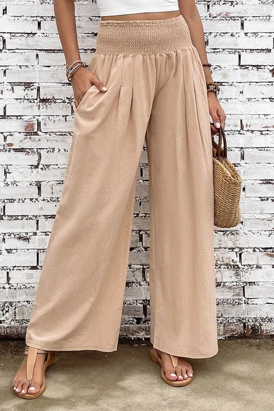 Smocked High Waist Wide Leg Pants with Flattering Waistband & Leg-elongating Design