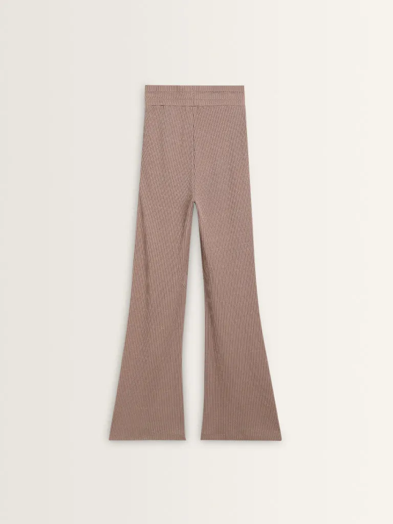 Studiofit Light Brown Ribbed Textured High-Rise Track Pants