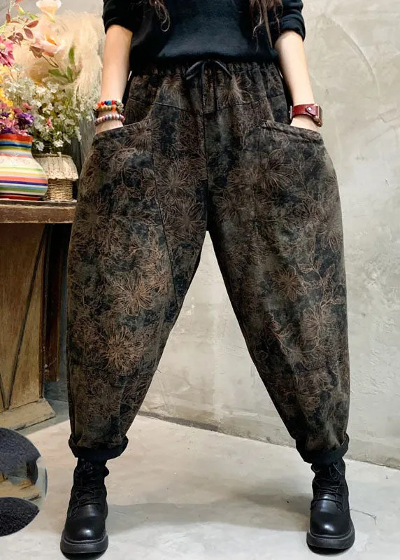 Stylish Black Cinched Print Loose denim Pants Trousers Winter