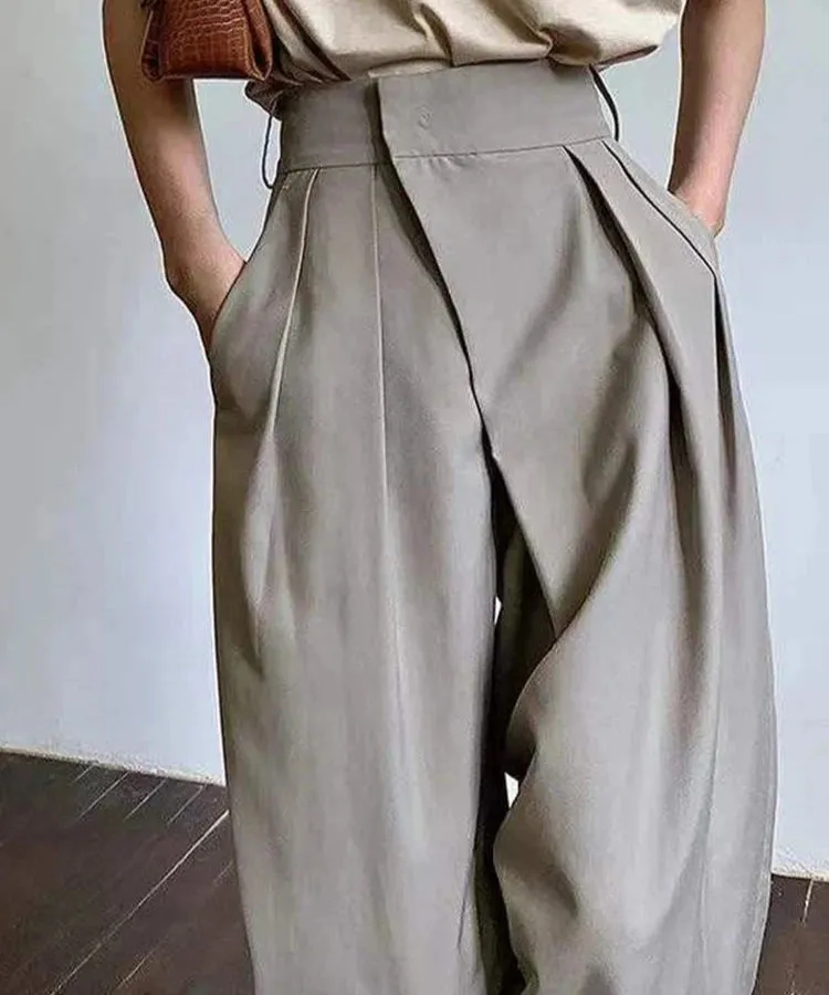 VAIGE Khaki Wide Leg Classic Baggy Trousers - High Waist Full Length Polyester Office Pants with Button and Pockets